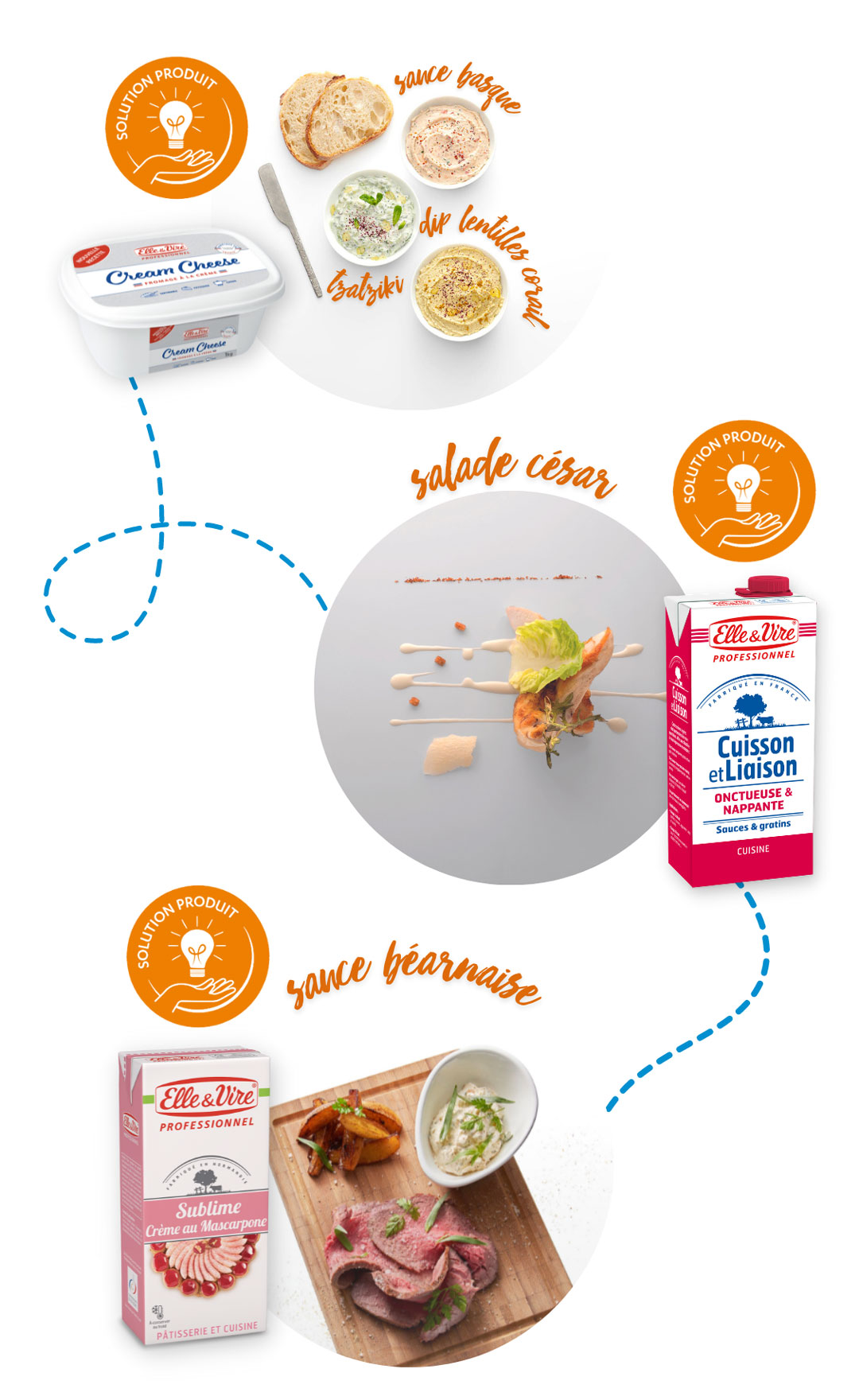 Illustrations de recettes de sauces avec les produits Cream Cheese, Cuisson et Liaison et Sublime de Elle & Vire Professionnel